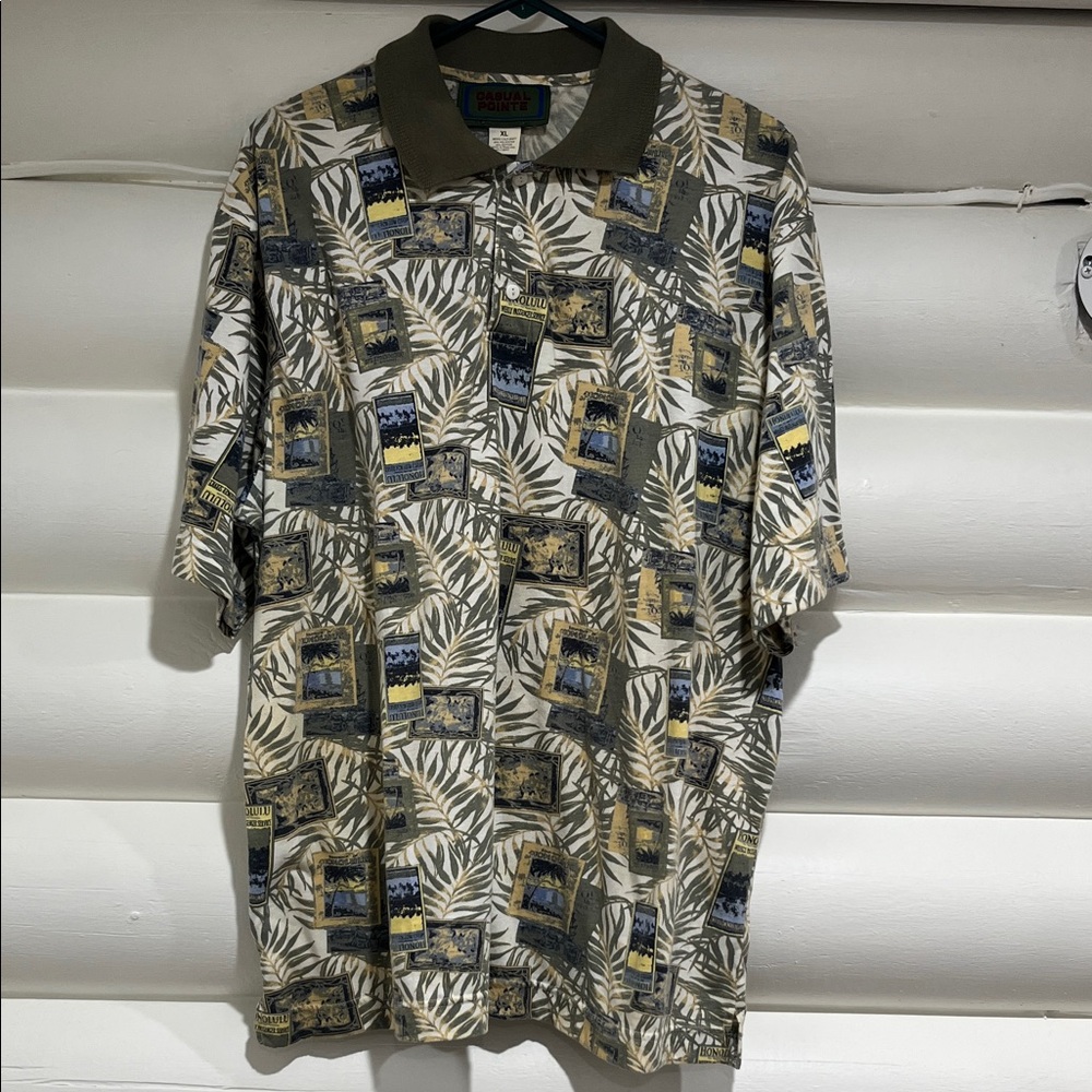 Vintage Polo Shirt with Leaf and Postcard Print